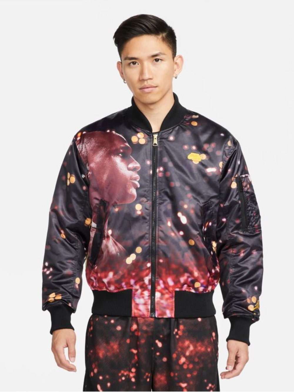 Jump Black Bomber Jacket with Red & Gold Graphic Print